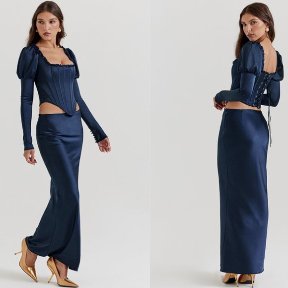 HOUSE OF CB 'Charlene' Navy Satin Bias Cut Maxi Skirt NWOT - Picture 4 of 8